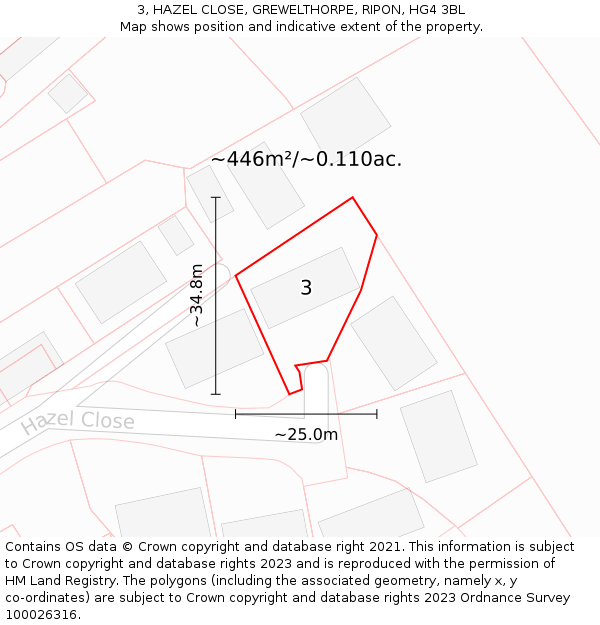 3, HAZEL CLOSE, GREWELTHORPE, RIPON, HG4 3BL: Plot and title map