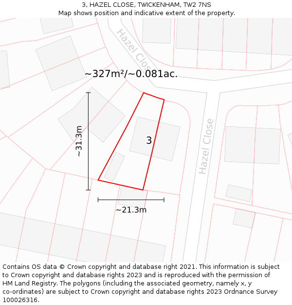 3, HAZEL CLOSE, TWICKENHAM, TW2 7NS: Plot and title map