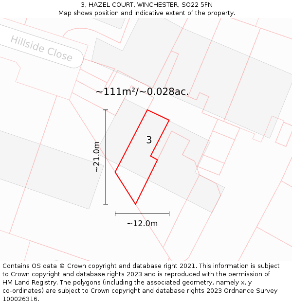 3, HAZEL COURT, WINCHESTER, SO22 5FN: Plot and title map