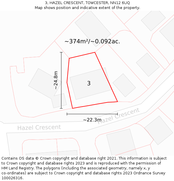 3, HAZEL CRESCENT, TOWCESTER, NN12 6UQ: Plot and title map