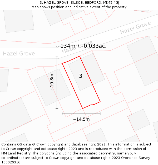 3, HAZEL GROVE, SILSOE, BEDFORD, MK45 4GJ: Plot and title map