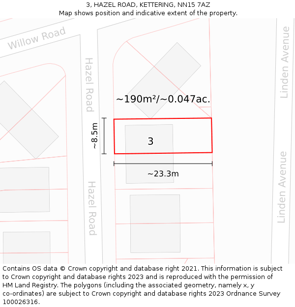 3, HAZEL ROAD, KETTERING, NN15 7AZ: Plot and title map