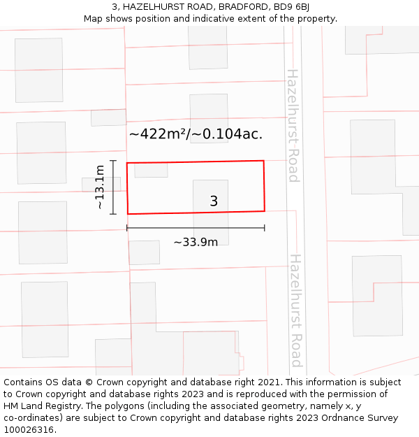 3, HAZELHURST ROAD, BRADFORD, BD9 6BJ: Plot and title map