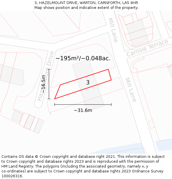 3, HAZELMOUNT DRIVE, WARTON, CARNFORTH, LA5 9HR: Plot and title map