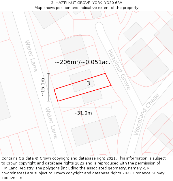 3, HAZELNUT GROVE, YORK, YO30 6RA: Plot and title map