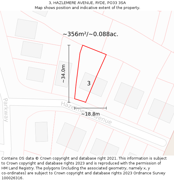 3, HAZLEMERE AVENUE, RYDE, PO33 3SA: Plot and title map