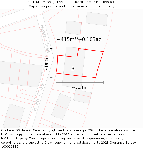 3, HEATH CLOSE, HESSETT, BURY ST EDMUNDS, IP30 9BL: Plot and title map