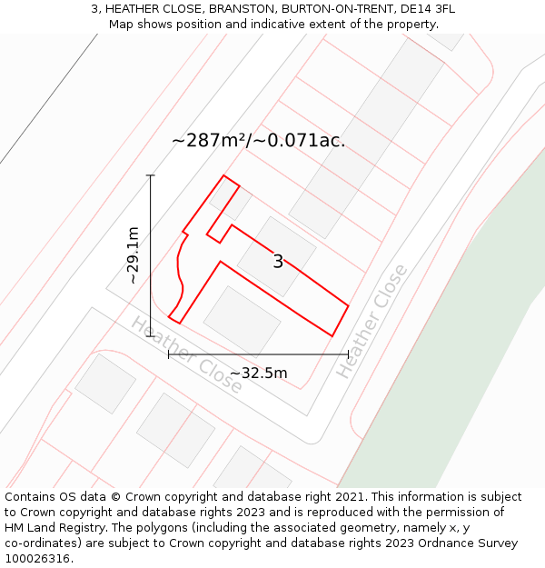 3, HEATHER CLOSE, BRANSTON, BURTON-ON-TRENT, DE14 3FL: Plot and title map