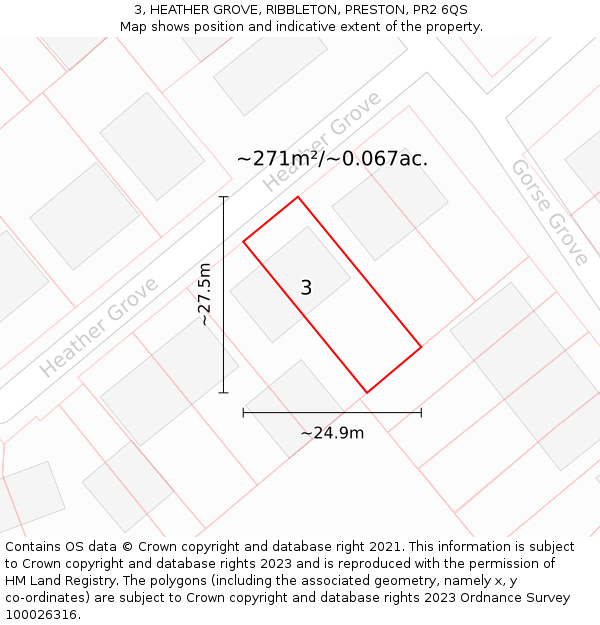3, HEATHER GROVE, RIBBLETON, PRESTON, PR2 6QS: Plot and title map