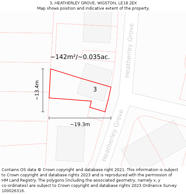 3, HEATHERLEY GROVE, WIGSTON, LE18 2EX: Plot and title map