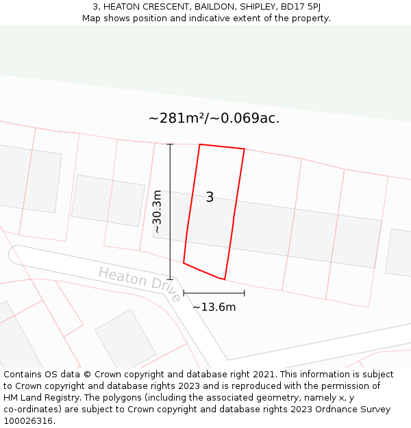 3, HEATON CRESCENT, BAILDON, SHIPLEY, BD17 5PJ: Plot and title map