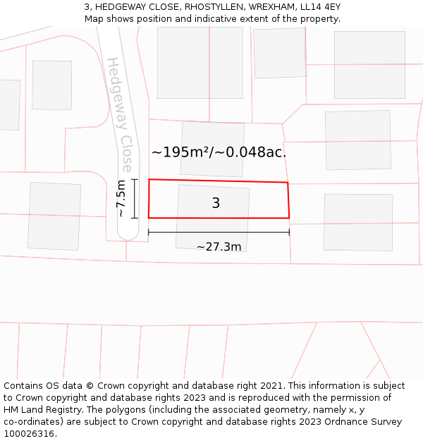 3, HEDGEWAY CLOSE, RHOSTYLLEN, WREXHAM, LL14 4EY: Plot and title map