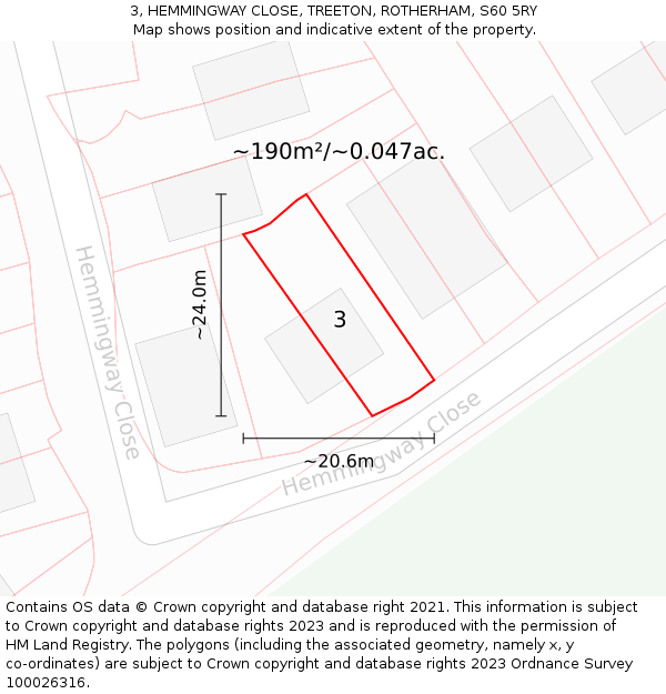 3, HEMMINGWAY CLOSE, TREETON, ROTHERHAM, S60 5RY: Plot and title map