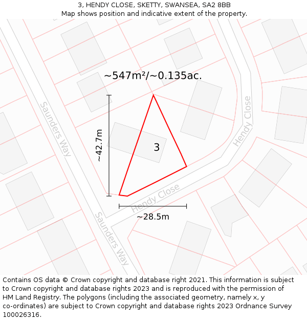 3, HENDY CLOSE, SKETTY, SWANSEA, SA2 8BB: Plot and title map
