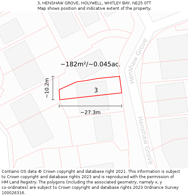 3, HENSHAW GROVE, HOLYWELL, WHITLEY BAY, NE25 0TT: Plot and title map
