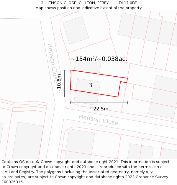 3, HENSON CLOSE, CHILTON, FERRYHILL, DL17 0BF: Plot and title map
