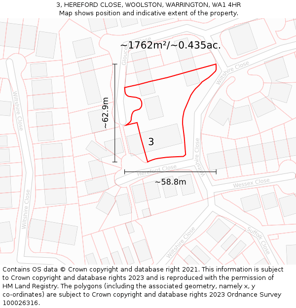 3, HEREFORD CLOSE, WOOLSTON, WARRINGTON, WA1 4HR: Plot and title map