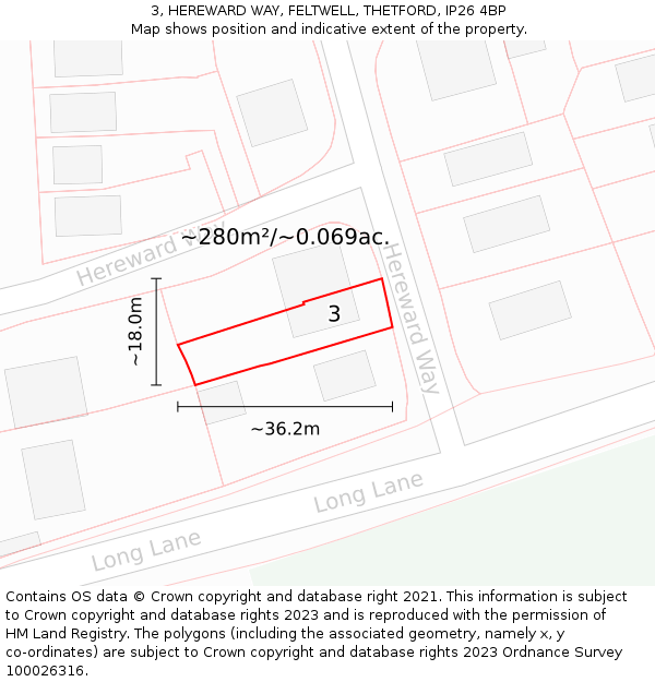3, HEREWARD WAY, FELTWELL, THETFORD, IP26 4BP: Plot and title map