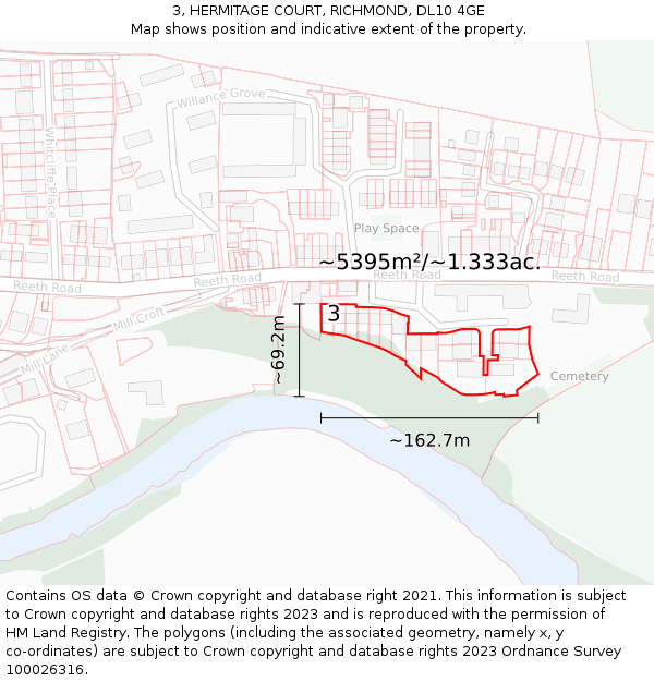 3, HERMITAGE COURT, RICHMOND, DL10 4GE: Plot and title map