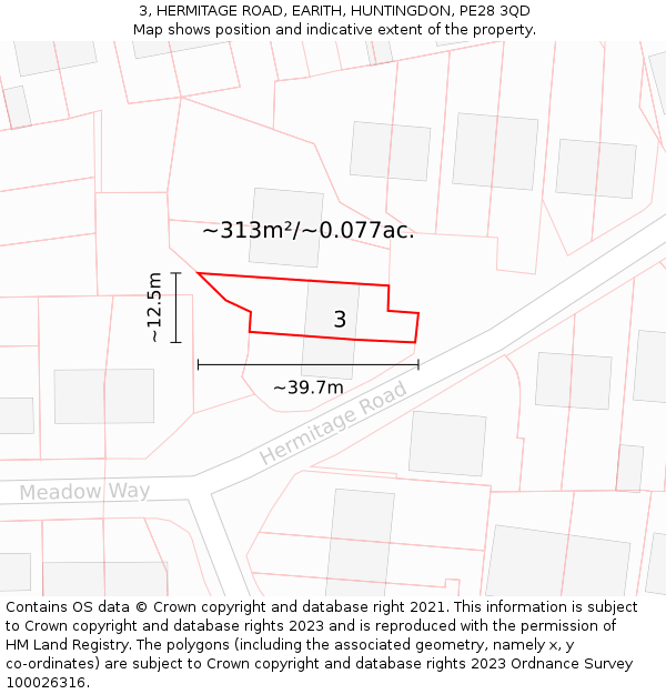 3, HERMITAGE ROAD, EARITH, HUNTINGDON, PE28 3QD: Plot and title map