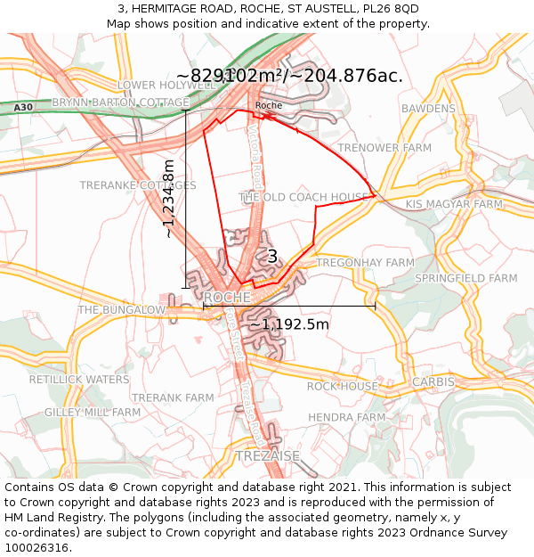 3, HERMITAGE ROAD, ROCHE, ST AUSTELL, PL26 8QD: Plot and title map