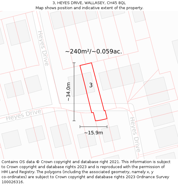 3, HEYES DRIVE, WALLASEY, CH45 8QL: Plot and title map