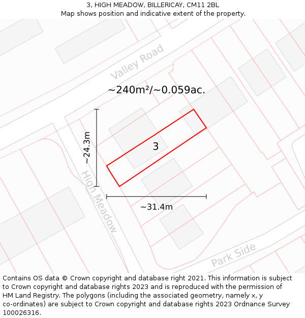 3, HIGH MEADOW, BILLERICAY, CM11 2BL: Plot and title map