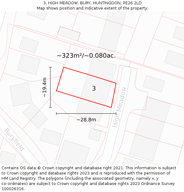 3, HIGH MEADOW, BURY, HUNTINGDON, PE26 2LD: Plot and title map