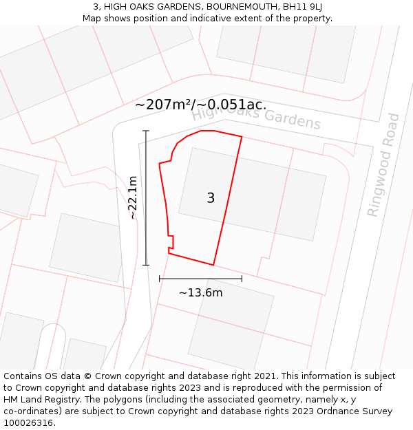 3, HIGH OAKS GARDENS, BOURNEMOUTH, BH11 9LJ: Plot and title map