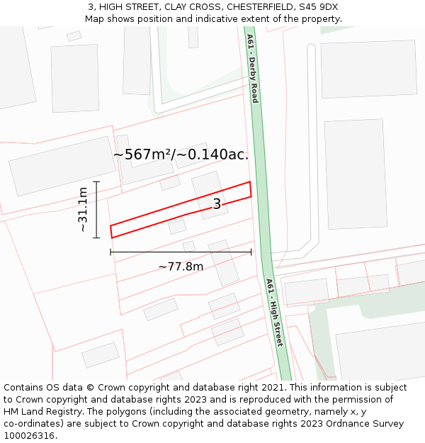 3, HIGH STREET, CLAY CROSS, CHESTERFIELD, S45 9DX: Plot and title map