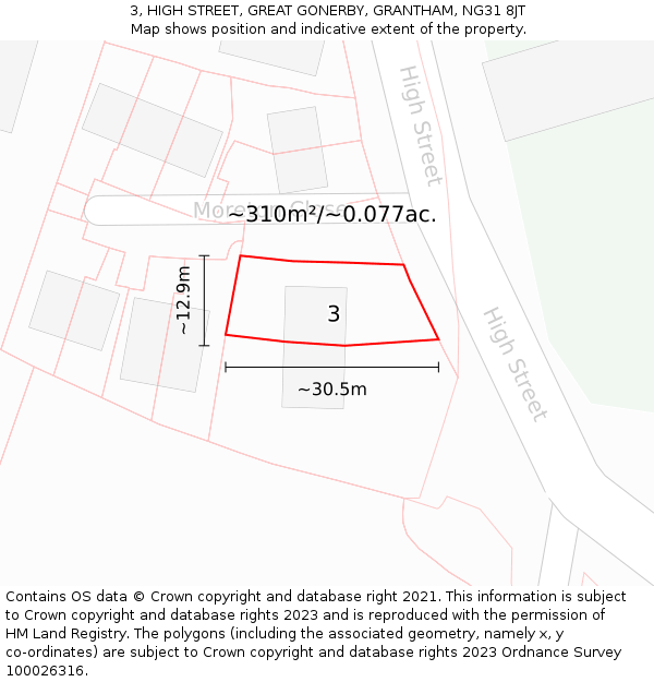 3, HIGH STREET, GREAT GONERBY, GRANTHAM, NG31 8JT: Plot and title map