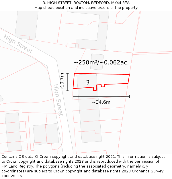 3, HIGH STREET, ROXTON, BEDFORD, MK44 3EA: Plot and title map