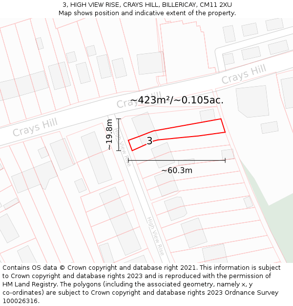 3, HIGH VIEW RISE, CRAYS HILL, BILLERICAY, CM11 2XU: Plot and title map