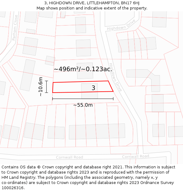 3, HIGHDOWN DRIVE, LITTLEHAMPTON, BN17 6HJ: Plot and title map