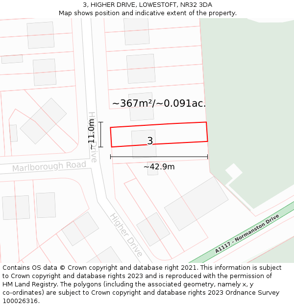 3, HIGHER DRIVE, LOWESTOFT, NR32 3DA: Plot and title map