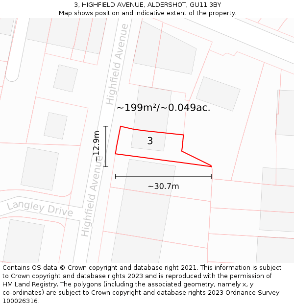 3, HIGHFIELD AVENUE, ALDERSHOT, GU11 3BY: Plot and title map