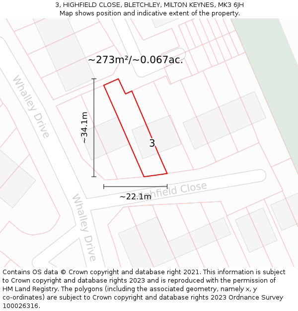 3, HIGHFIELD CLOSE, BLETCHLEY, MILTON KEYNES, MK3 6JH: Plot and title map