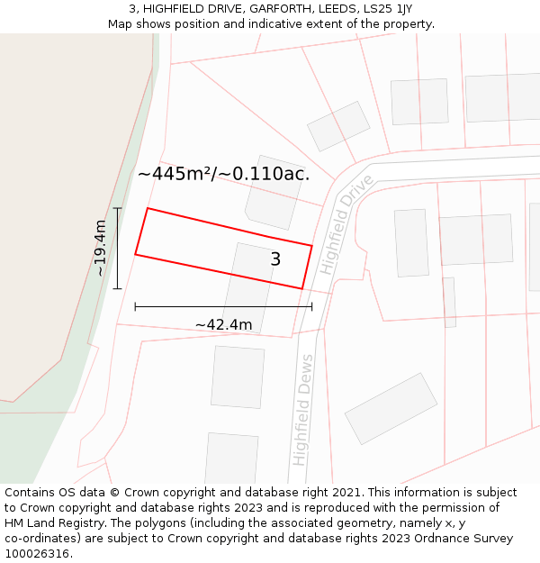 3, HIGHFIELD DRIVE, GARFORTH, LEEDS, LS25 1JY: Plot and title map