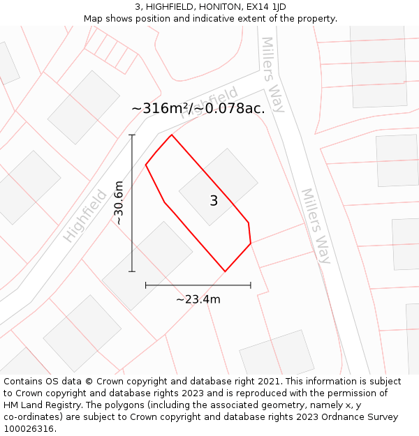3, HIGHFIELD, HONITON, EX14 1JD: Plot and title map