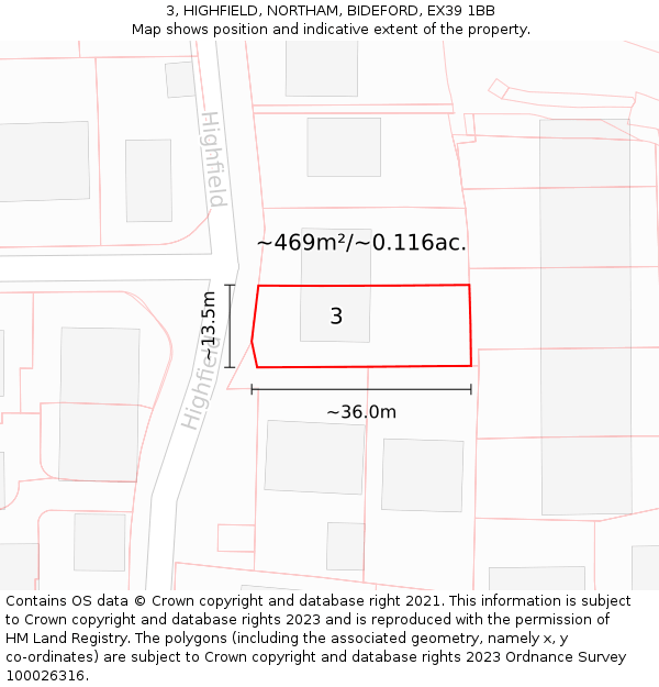 3, HIGHFIELD, NORTHAM, BIDEFORD, EX39 1BB: Plot and title map