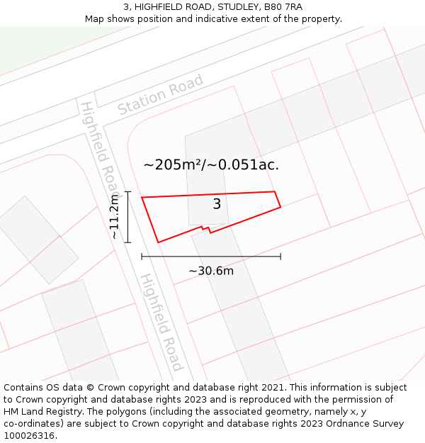 3, HIGHFIELD ROAD, STUDLEY, B80 7RA: Plot and title map