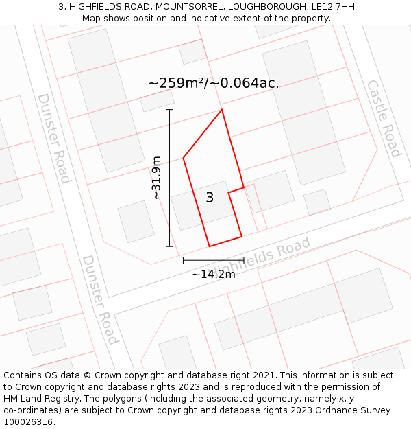 3, HIGHFIELDS ROAD, MOUNTSORREL, LOUGHBOROUGH, LE12 7HH: Plot and title map