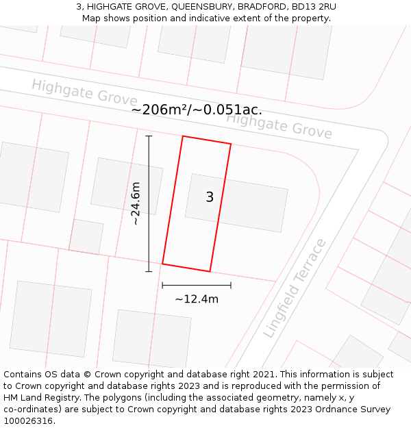 3, HIGHGATE GROVE, QUEENSBURY, BRADFORD, BD13 2RU: Plot and title map