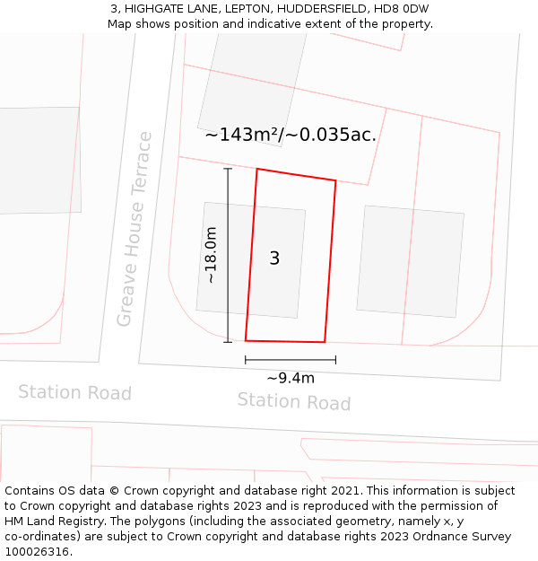 3, HIGHGATE LANE, LEPTON, HUDDERSFIELD, HD8 0DW: Plot and title map