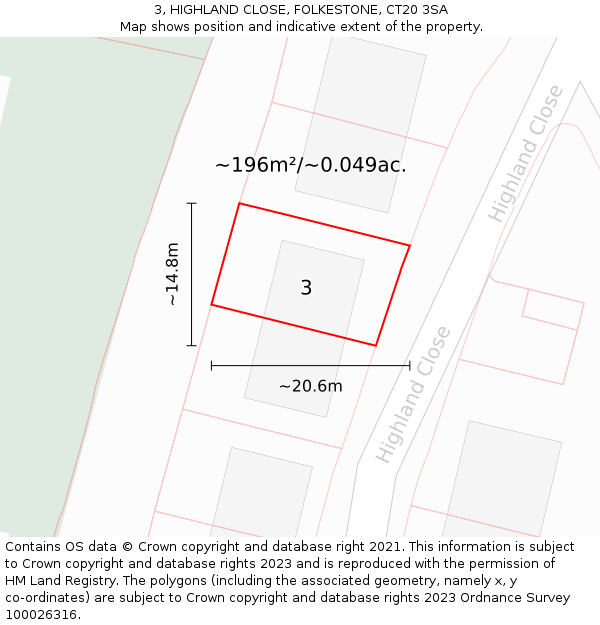 3, HIGHLAND CLOSE, FOLKESTONE, CT20 3SA: Plot and title map