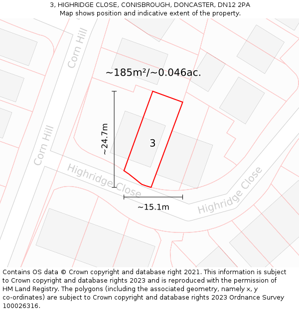 3, HIGHRIDGE CLOSE, CONISBROUGH, DONCASTER, DN12 2PA: Plot and title map