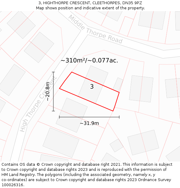 3, HIGHTHORPE CRESCENT, CLEETHORPES, DN35 9PZ: Plot and title map