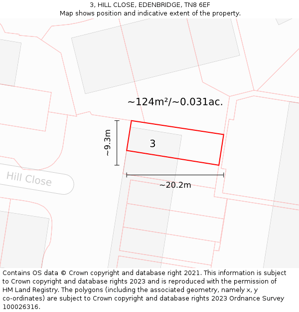 3, HILL CLOSE, EDENBRIDGE, TN8 6EF: Plot and title map