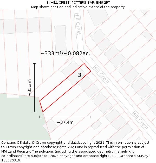 3, HILL CREST, POTTERS BAR, EN6 2RT: Plot and title map