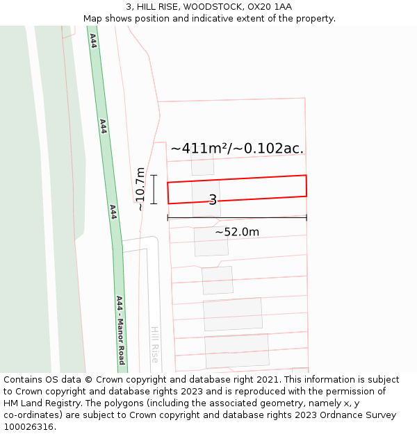 3, HILL RISE, WOODSTOCK, OX20 1AA: Plot and title map